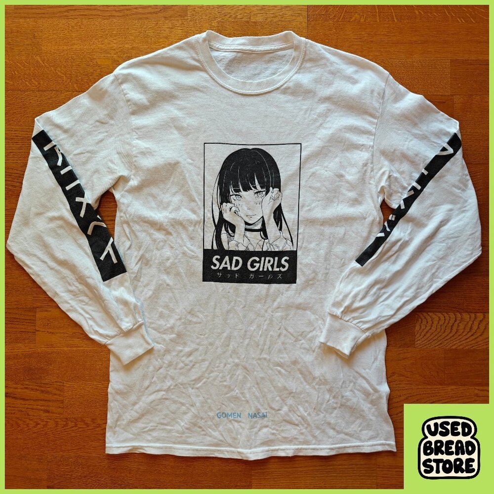 Animebae Sad Girls Long Sleeve Choker Tshirt Sz M Cotton White Unisex Streetwear